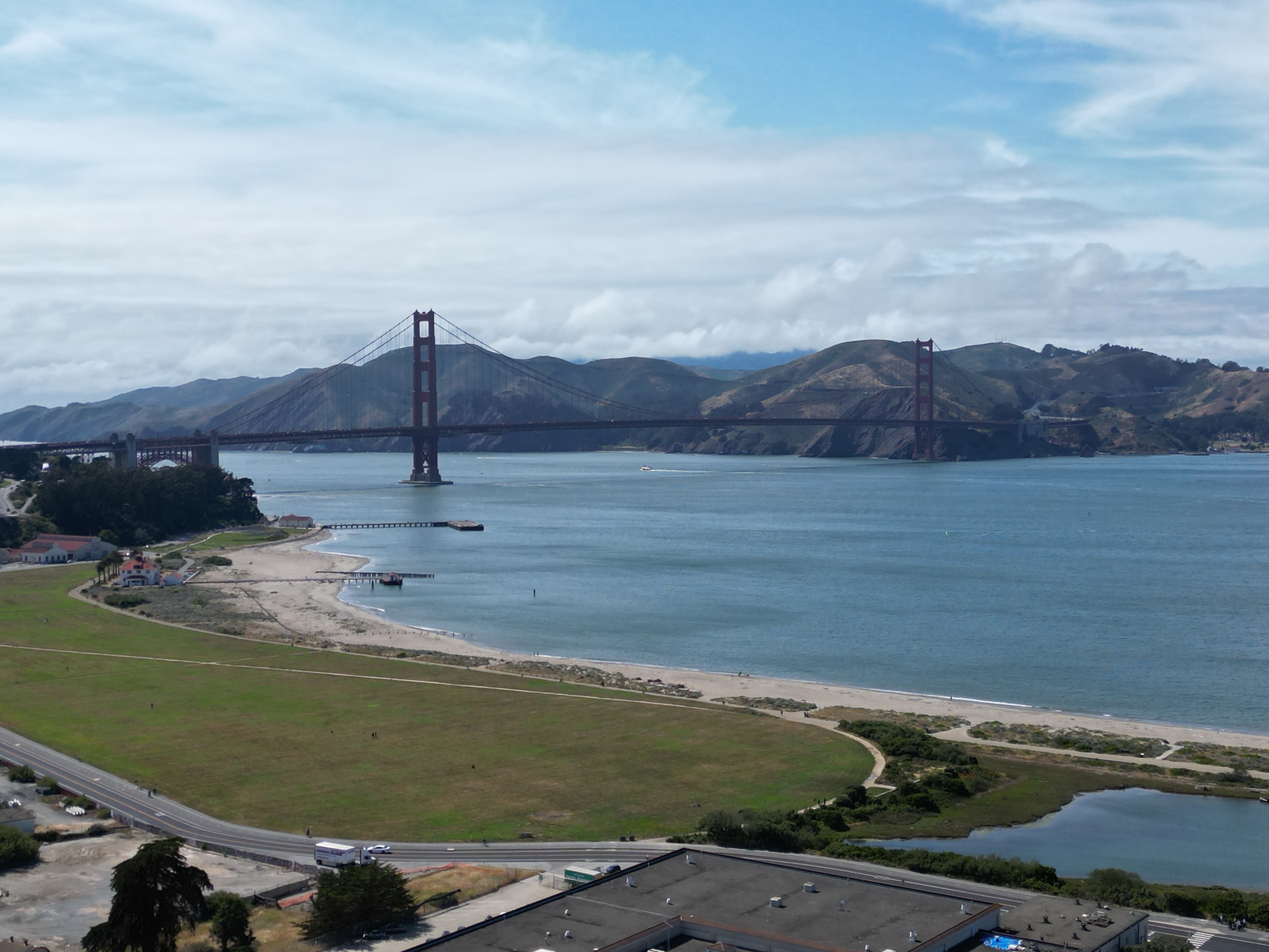 Drone aerial photography of Presidio of San Francisco, Crissy Field and Golden Gate Bridge