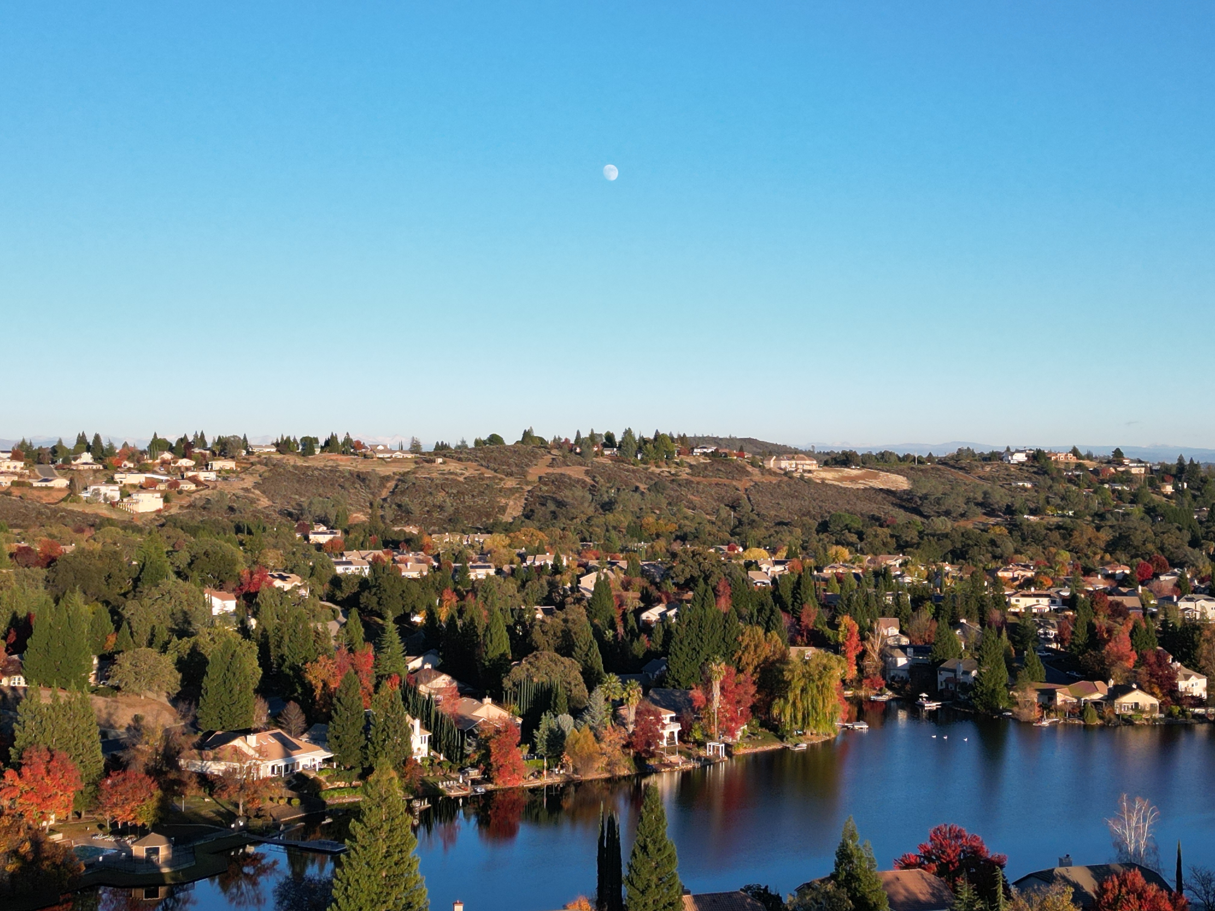 Drone aerial photography of lake in Folsom foothills