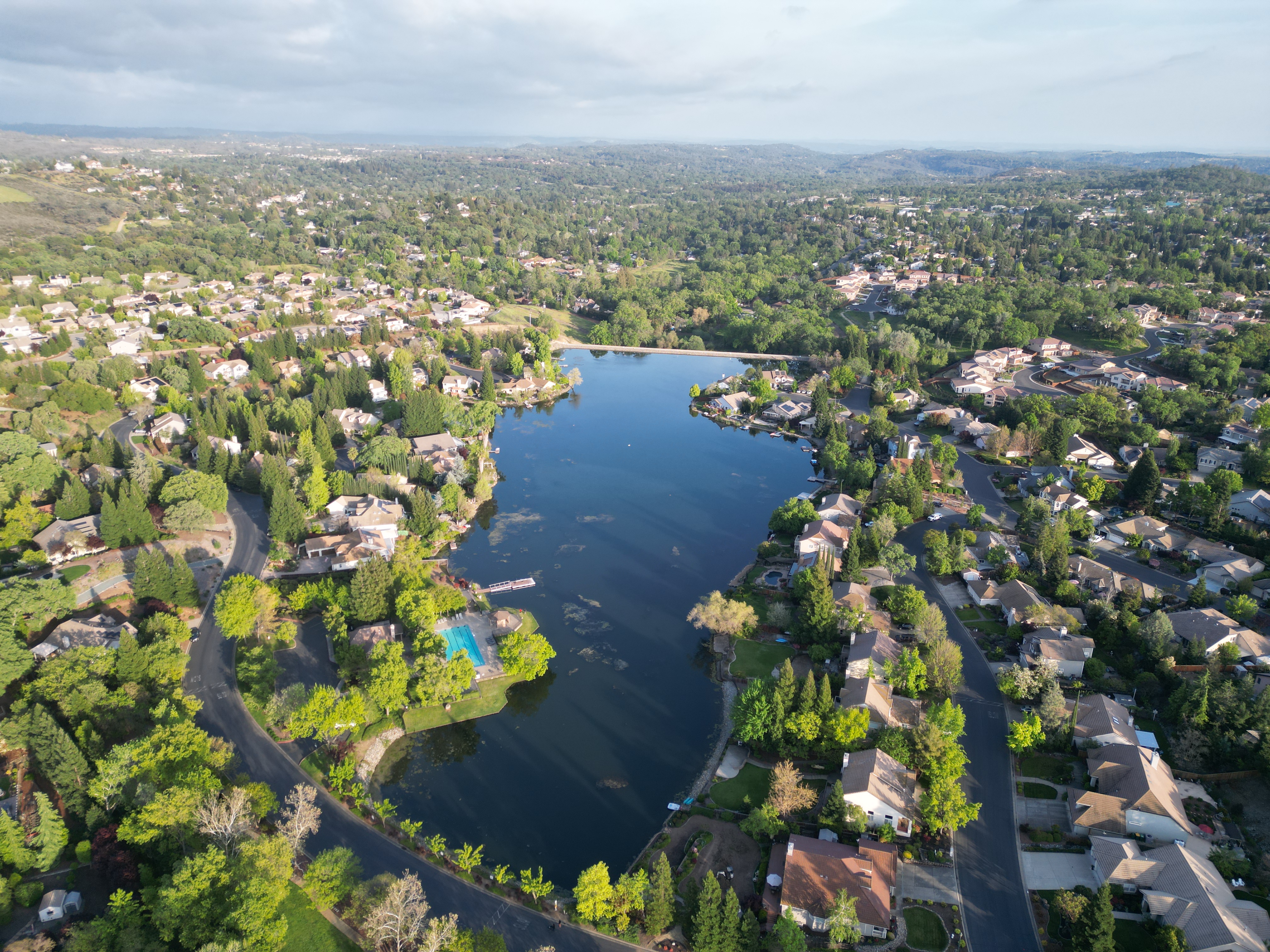 Drone aerial photography of lake in Folsom foothills